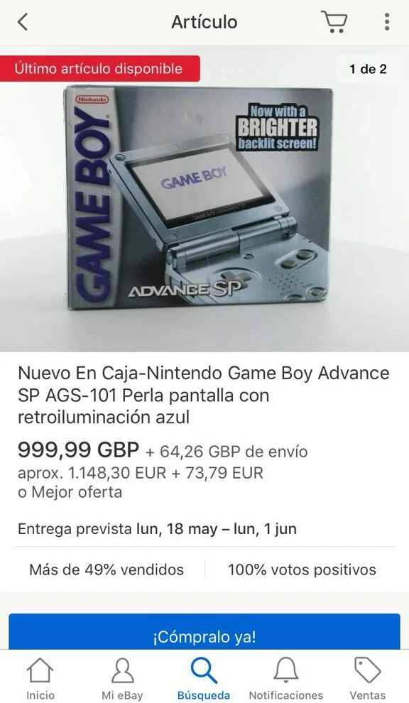 Captura de artículo de ebay con consola GameBoy Advance SP AGS-101