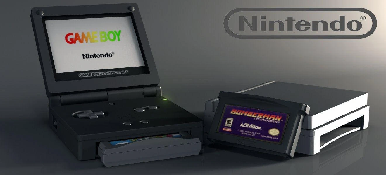 Wallpaper promocional de Nintendo mostrando cartucho de Bomberman y una GBA Advance SP negra