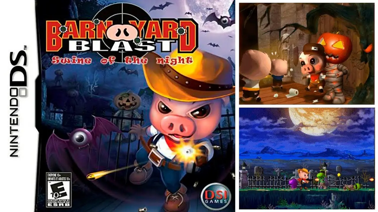 Collage de cartucho y pantallazos de Barnyard Blast para Nintendo DS (sacadeo de youtube)
