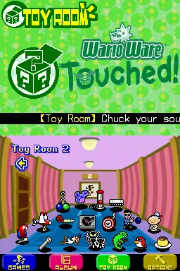 Captura de pantalla de WarioWare Touched, con la sala de juegos y sus coleccionables en Nintendo DS