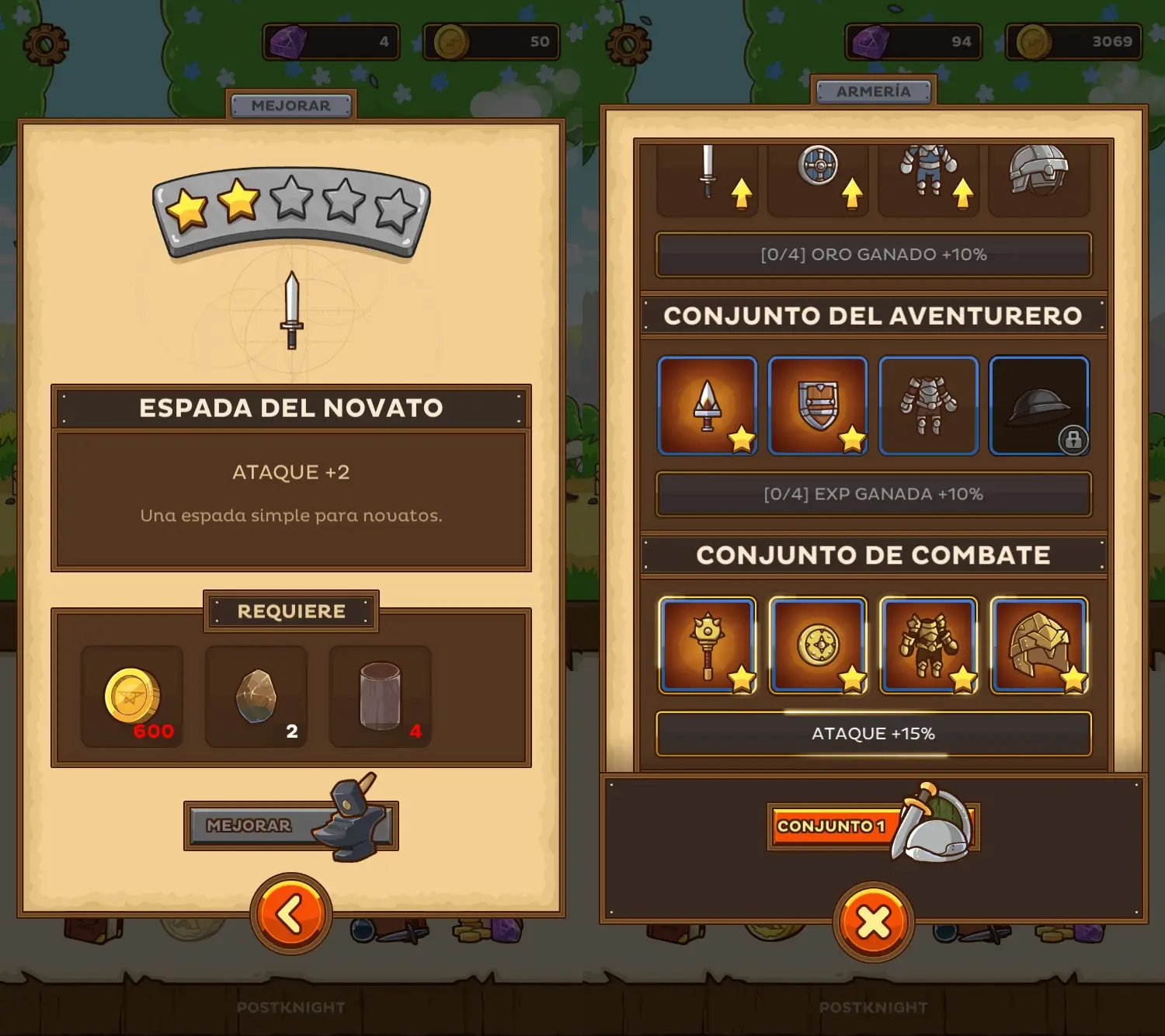 Captura de pantalla con conjuntos de armaduras del juego Postknight